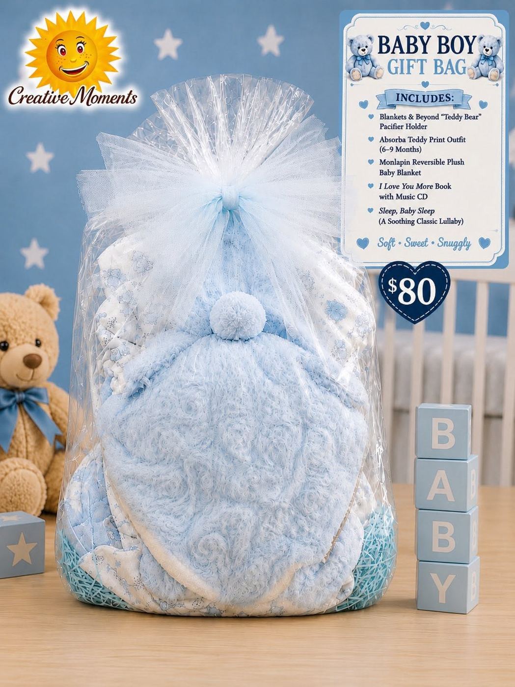 New baby, blue themed gift bag made and filled by Creative Moments at Junction Boutique in Atlantic Highlands, New Jersey