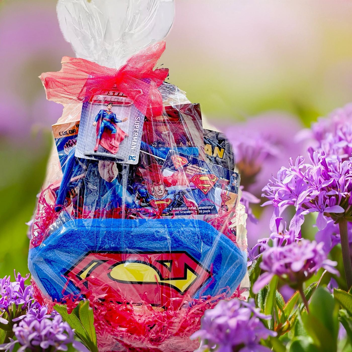 Superman, wrapped themed gift bag made and filled by Creative Moments at Junction Boutique in Atlantic Highlands, New Jersey