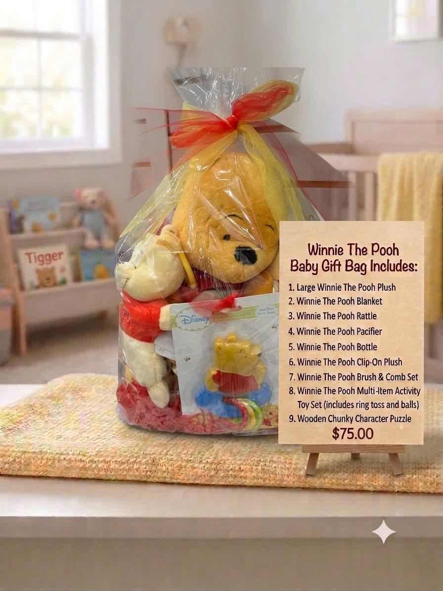 Winnie the Pooh themed gift bag made and filled by Creative Moments at Junction Boutique in Atlantic Highlands, New Jersey