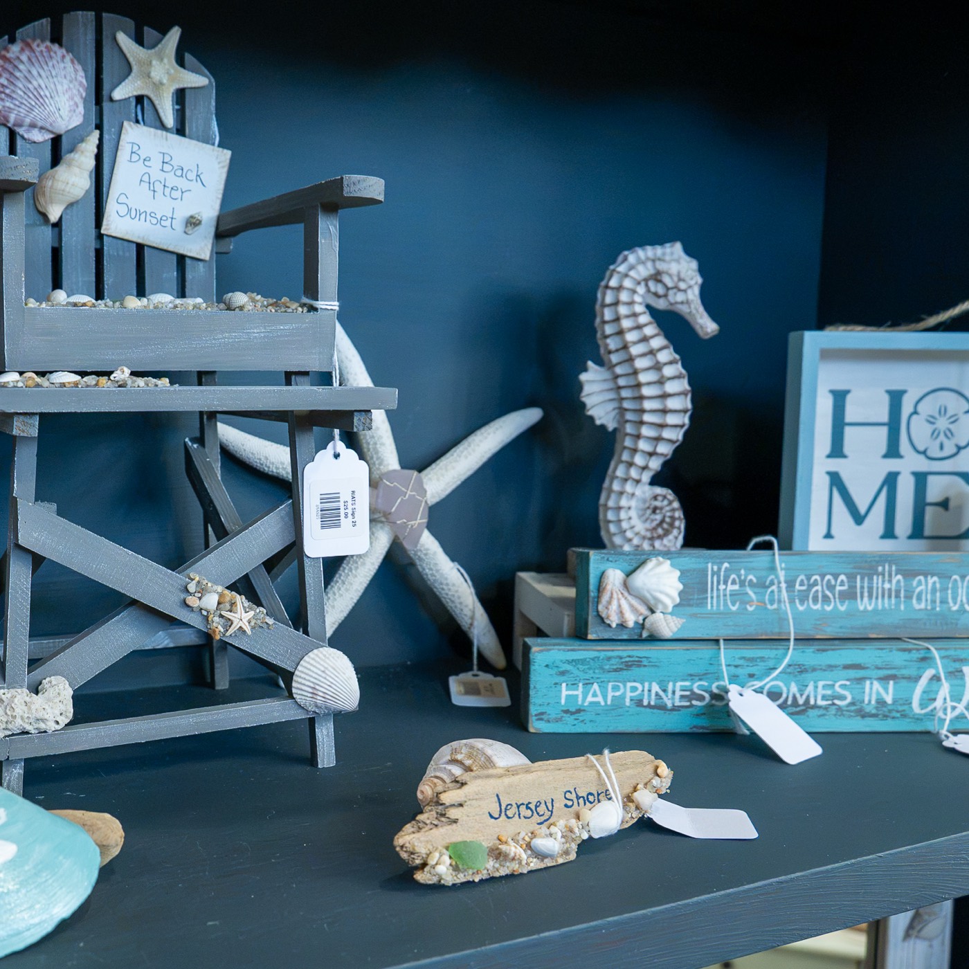 Seahorse, starfish, and shore pieces on a navy shelf